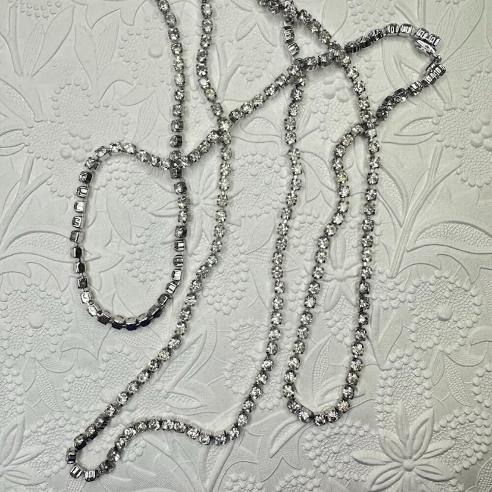 Vintage Weiss Crystal Rhinestone Extra Long Necklace Silver Signed 54" Cup Chain